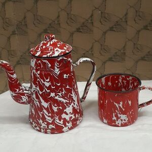 Enamel coffee pot and matching enamel cup, Vintage red and white